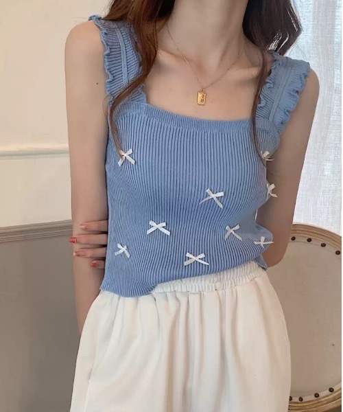 セール】リボン付き フリルショートタンクトップ / スクエア