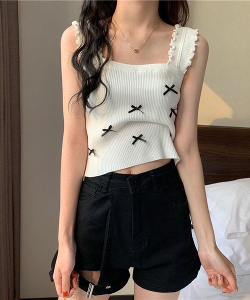 セール】リボン付き フリルショートタンクトップ / スクエア