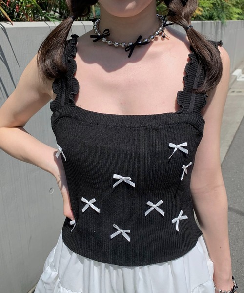 SHEPP(シープ)の「リボン付き フリルショートタンクトップ / スクエアネック / ブラ紐隠し(タンクトップ・レディース・ピンク/アイボリー/ブラック/サックスブルー/ホワイト・FREE)」の20枚目の写真