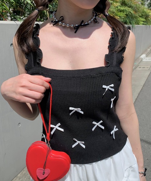 SHEPP(シープ)の「リボン付き フリルショートタンクトップ / スクエアネック / ブラ紐隠し(タンクトップ・レディース・ピンク/アイボリー/ブラック/サックスブルー/ホワイト・FREE)」の21枚目の写真