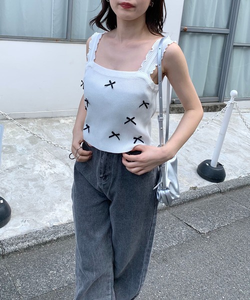 SHEPP(シープ)の「リボン付き フリルショートタンクトップ / スクエアネック / ブラ紐隠し(タンクトップ・レディース・ピンク/アイボリー/ブラック/サックスブルー/ホワイト・FREE)」の17枚目の写真