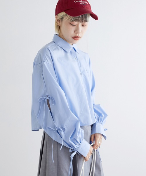 w closet(ダブルクローゼット)の「袖リボンショート丈シャツ(シャツ/ブラウス・レディース・サックスブルー系1/ブルー系その他/オフホワイト・FREE)」の17枚目の写真