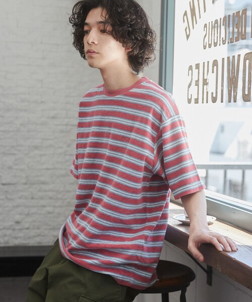 TOWNCRAFT（タウンクラフト）の「TOWNCRAFT（タウンクラフト） 別注パイルボーダーTシャツ（EC限定サイズ）（Tシャツ/カットソー・メンズ・パープル/ライム/ライトピンク・M/L/XL）」の3枚目の写真