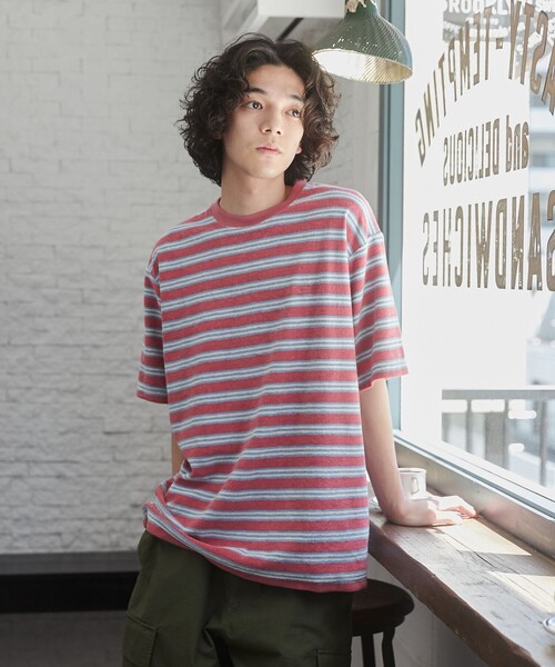 TOWNCRAFT（タウンクラフト）の「TOWNCRAFT（タウンクラフト） 別注パイルボーダーTシャツ（EC限定サイズ）（Tシャツ/カットソー・メンズ・パープル/ライム/ライトピンク・M/L/XL）」の4枚目の写真