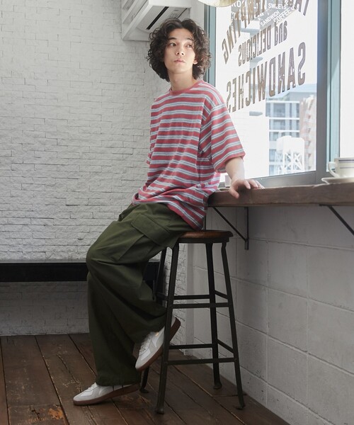 TOWNCRAFT（タウンクラフト）の「TOWNCRAFT（タウンクラフト） 別注パイルボーダーTシャツ（EC限定サイズ）（Tシャツ/カットソー・メンズ・パープル/ライム/ライトピンク・M/L/XL）」の5枚目の写真