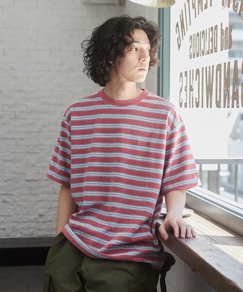 TOWNCRAFT（タウンクラフト）の「TOWNCRAFT（タウンクラフト） 別注パイルボーダーTシャツ（EC限定サイズ）（Tシャツ/カットソー・メンズ・パープル/ライム/ライトピンク・M/L/XL）」の6枚目の写真