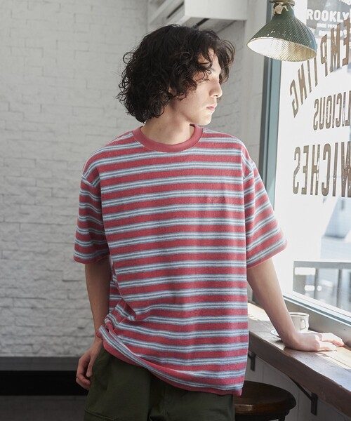 TOWNCRAFT（タウンクラフト）の「TOWNCRAFT（タウンクラフト） 別注パイルボーダーTシャツ（EC限定サイズ）（Tシャツ/カットソー・メンズ・パープル/ライム/ライトピンク・M/L/XL）」の8枚目の写真