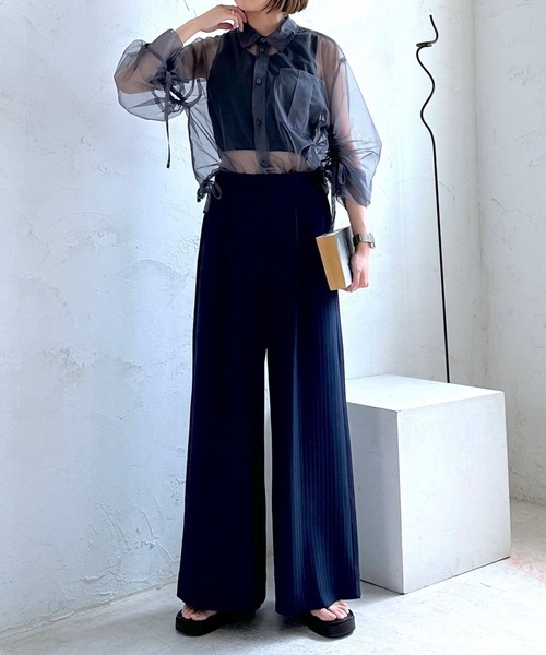 RAGEBLUE（レイジブルー）の「【選べる着丈】太ベルトハイウエスト/タックワイドフレアスラックス（スラックス・レディース・ライトグレー/ネイビー・FREE/LARGE/TALL）」の12枚目の写真