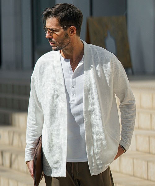 セール】【SOMEDIFF】シアサッカーボタンレスカーディガン メンズ