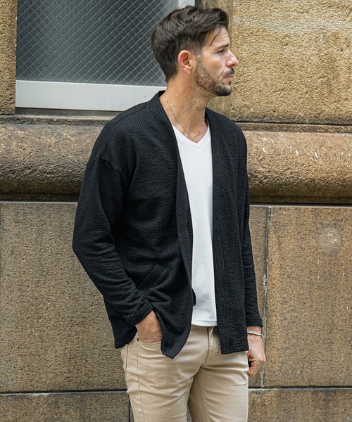 セール】【SOMEDIFF】シアサッカーボタンレスカーディガン メンズ