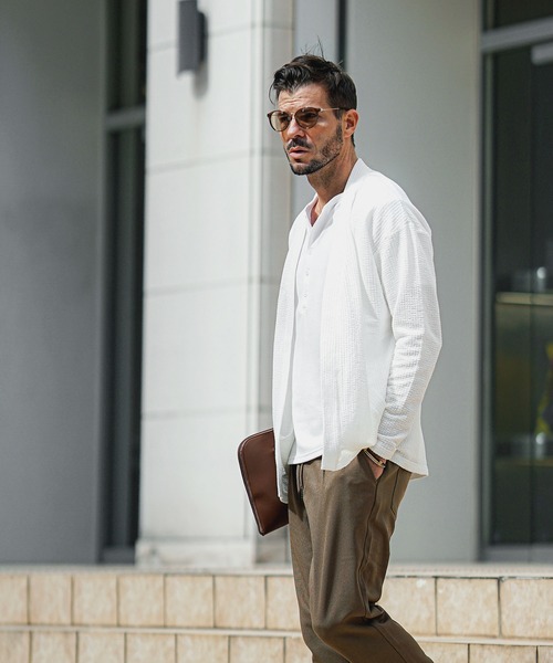 SOMEDIFF(サムディフ)の「【SOMEDIFF】シアサッカーボタンレスカーディガン メンズ(カーディガン/ボレロ・メンズ・ブラック/ホワイト/ネイビー/ホワイト×ネイビー・S/M/L/XL)」の13枚目の写真