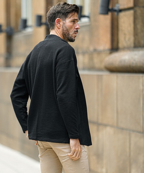 SOMEDIFF(サムディフ)の「【SOMEDIFF】シアサッカーボタンレスカーディガン メンズ(カーディガン/ボレロ・メンズ・ブラック/ホワイト/ネイビー/ホワイト×ネイビー・S/M/L/XL)」の20枚目の写真