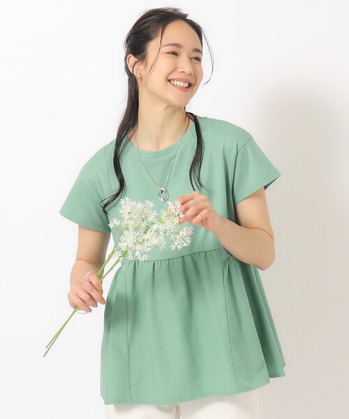 セール】【UV】 ほんのり甘い 異素材ペプラムトップス（Tシャツ