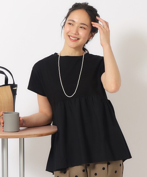 DRESKIP（ドレスキップ）の「◆【UV】 ほんのり甘い 異素材ペプラムトップス（Tシャツ/カットソー・レディース・ライトグレー/ブラック/オフホワイト/イエロー/グリーン・02/03/04）」の3枚目の写真