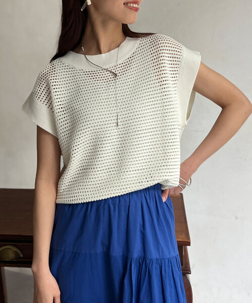 Chez toi(シェトワ)の「コットンメッシュニットフレンチスリーブプルオーバー(ニット/セーター・レディース・アイボリー/ピンク/ブラウン/チャコールグレー・FREE)」の10枚目の写真