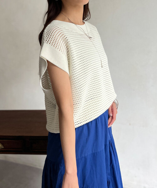 Chez toi(シェトワ)の「コットンメッシュニットフレンチスリーブプルオーバー(ニット/セーター・レディース・アイボリー/ピンク/ブラウン/チャコールグレー・FREE)」の9枚目の写真