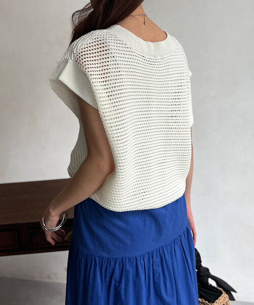 Chez toi(シェトワ)の「コットンメッシュニットフレンチスリーブプルオーバー(ニット/セーター・レディース・アイボリー/ピンク/ブラウン/チャコールグレー・FREE)」の8枚目の写真