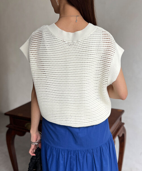 Chez toi(シェトワ)の「コットンメッシュニットフレンチスリーブプルオーバー(ニット/セーター・レディース・アイボリー/ピンク/ブラウン/チャコールグレー・FREE)」の7枚目の写真