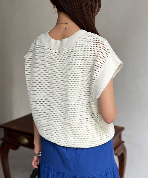 Chez toi(シェトワ)の「コットンメッシュニットフレンチスリーブプルオーバー(ニット/セーター・レディース・アイボリー/ピンク/ブラウン/チャコールグレー・FREE)」の6枚目の写真