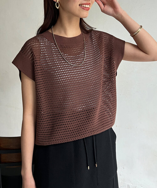 Chez toi(シェトワ)の「コットンメッシュニットフレンチスリーブプルオーバー(ニット/セーター・レディース・アイボリー/ピンク/ブラウン/チャコールグレー・FREE)」の13枚目の写真