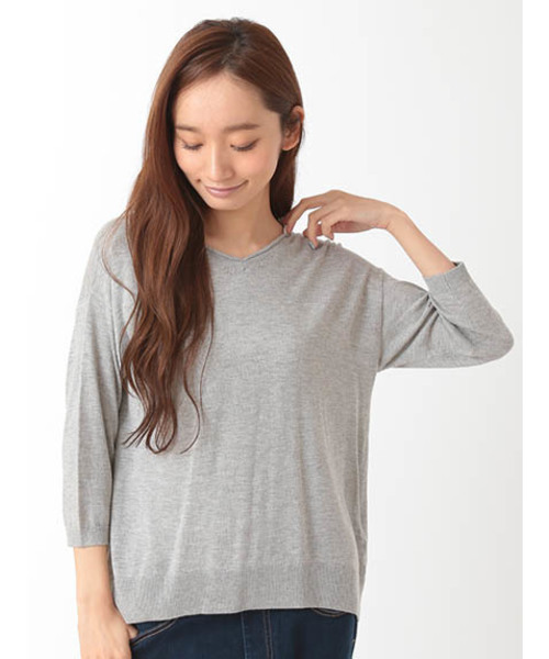 Green Parks(グリーンパークス)の「Uハイゲージ7分袖ニットプルオーバー(ニット/セーター・レディース・ネイビー/レッド/アイボリー/杢グレー・FREE)」の2枚目の写真