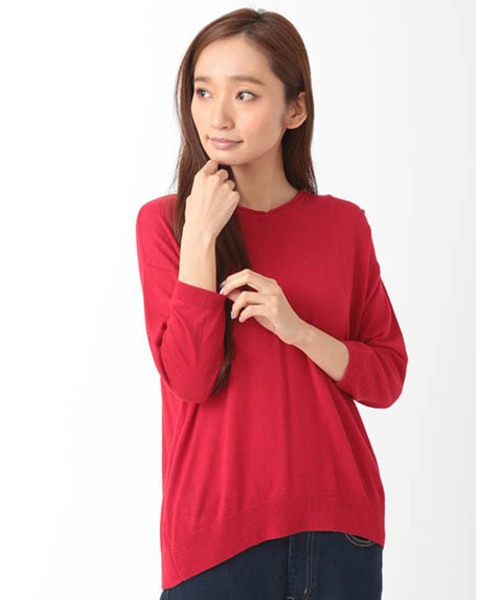 Green Parks(グリーンパークス)の「Uハイゲージ7分袖ニットプルオーバー(ニット/セーター・レディース・ネイビー/レッド/アイボリー/杢グレー・FREE)」の4枚目の写真