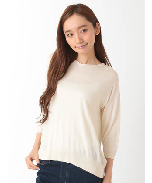 Green Parks(グリーンパークス)の「Uハイゲージ7分袖ニットプルオーバー(ニット/セーター・レディース・ネイビー/レッド/アイボリー/杢グレー・FREE)」の1枚目の写真