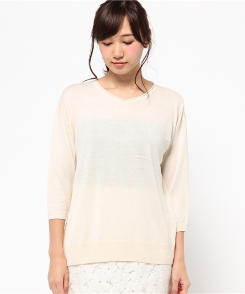 Green Parks(グリーンパークス)の「Uハイゲージ7分袖ニットプルオーバー(ニット/セーター・レディース・ネイビー/レッド/アイボリー/杢グレー・FREE)」の5枚目の写真