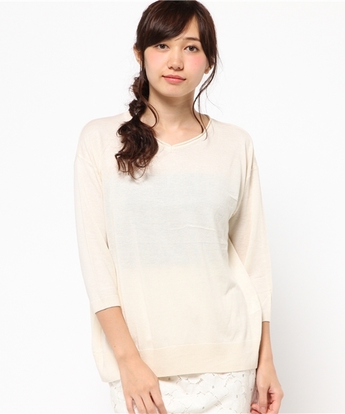 Green Parks(グリーンパークス)の「Uハイゲージ7分袖ニットプルオーバー(ニット/セーター・レディース・ネイビー/レッド/アイボリー/杢グレー・FREE)」の14枚目の写真