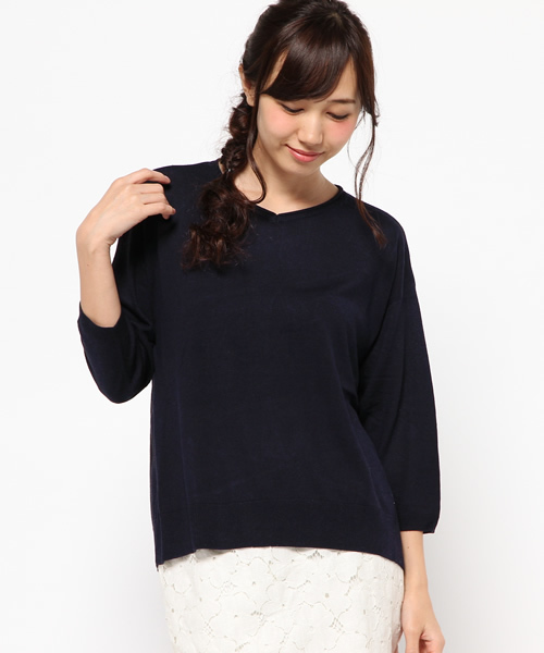 Green Parks(グリーンパークス)の「Uハイゲージ7分袖ニットプルオーバー(ニット/セーター・レディース・ネイビー/レッド/アイボリー/杢グレー・FREE)」の12枚目の写真