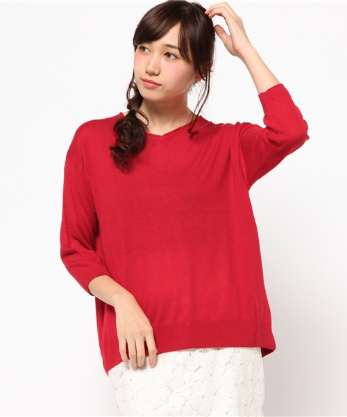 Green Parks(グリーンパークス)の「Uハイゲージ7分袖ニットプルオーバー(ニット/セーター・レディース・ネイビー/レッド/アイボリー/杢グレー・FREE)」の13枚目の写真