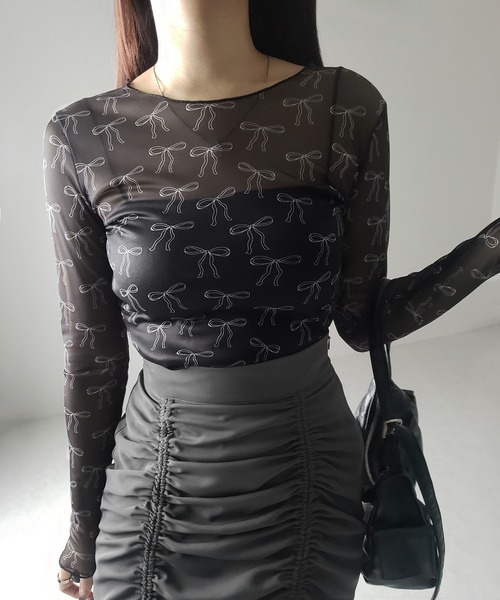 M me eme サイドリボン ビジュー オフショル シアートップス BLACK