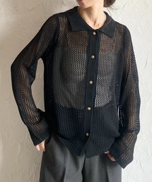 透かし編み長袖ポロシャツメッシュニット