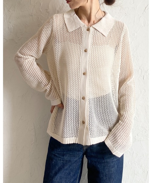 She's Closet(シーズクローゼット)の「透かし編み長袖ポロシャツメッシュニット(ニット/セーター・レディース・アイボリー/ブラック/ベージュ/グリーン・FREE)」の7枚目の写真