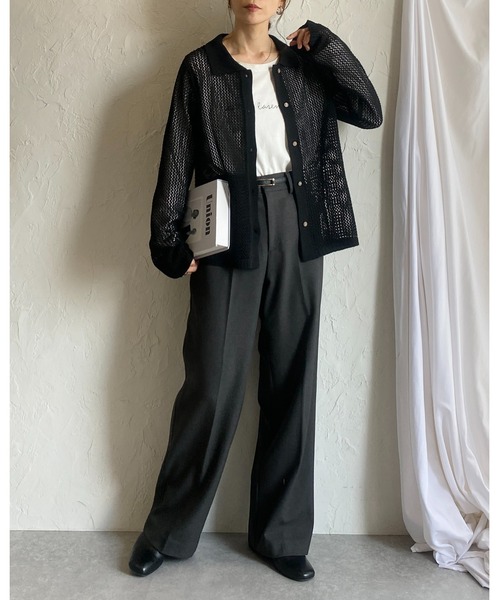 セール】透かし編み長袖ポロシャツメッシュニット（ニット