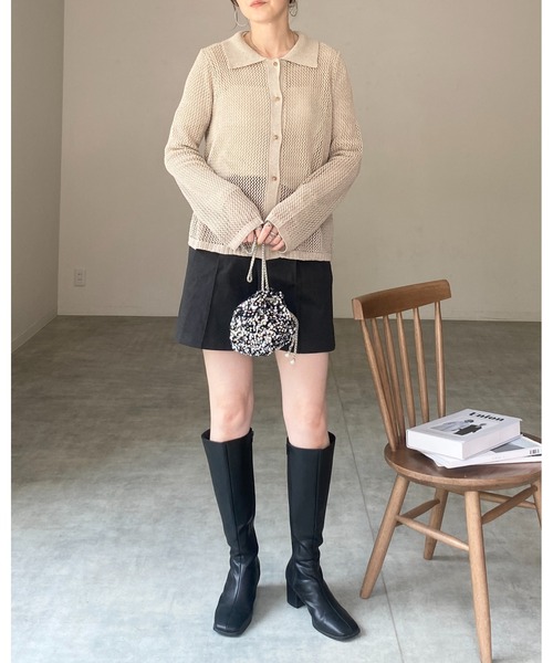 セール】透かし編み長袖ポロシャツメッシュニット（ニット