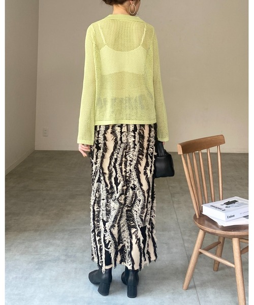 セール】透かし編み長袖ポロシャツメッシュニット（ニット