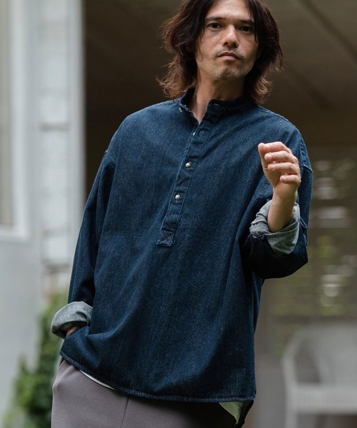 CAMBIO(カンビオ)の「ms5735-Concho Button Band Collar Denim Pullover デニムバンドカラープルオーバー(シャツ/ブラウス・メンズ・ブラック/ブルー/ネイビー・S/M/L)」の2枚目の写真