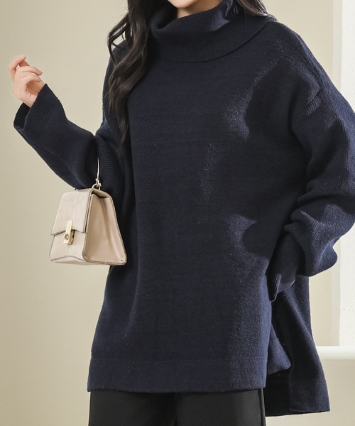 セール】サイドスリット タートルネック フレア ニット プルオーバー
