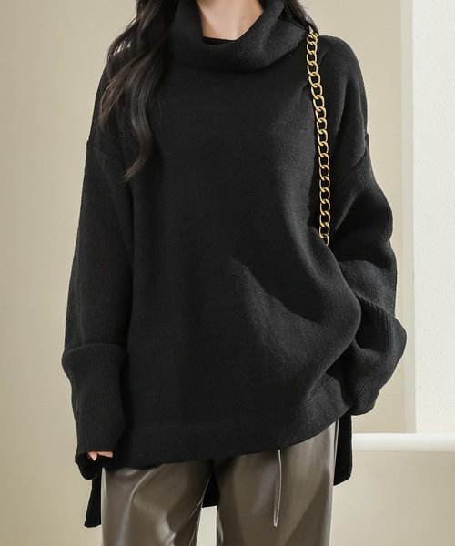 美品/エンフォルド　ウールニット　セーター　サイドスリット　ブラック　38 セール】サイドスリット タートルネック フレア ニット プルオーバー