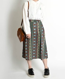 ボヘミアン総柄 ウエストゴム ミモレ丈フレアスカート