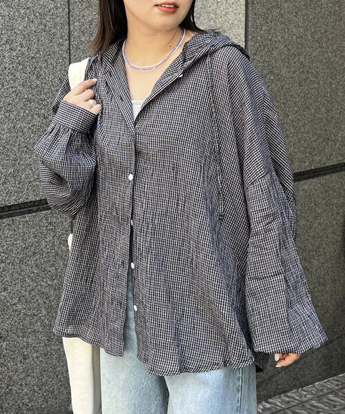 CPCM（シーピーシーエム）の「フード付チェックシャツ（シャツ/ブラウス・レディース・ネイビー/オレンジ/ブルー・FREE）」の2枚目の写真