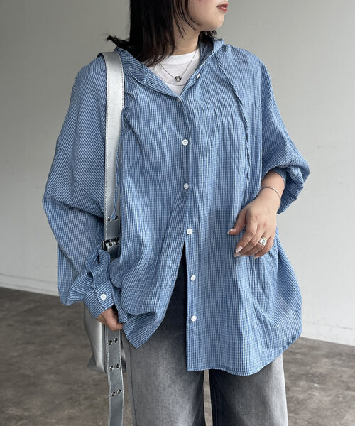 CPCM（シーピーシーエム）の「フード付チェックシャツ（シャツ/ブラウス・レディース・ネイビー/オレンジ/ブルー・FREE）」の13枚目の写真