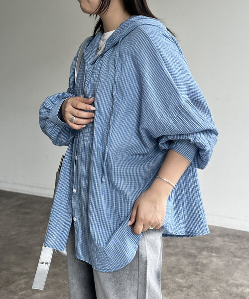 CPCM（シーピーシーエム）の「フード付チェックシャツ（シャツ/ブラウス・レディース・ネイビー/オレンジ/ブルー・FREE）」の14枚目の写真