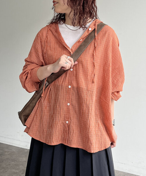 CPCM（シーピーシーエム）の「フード付チェックシャツ（シャツ/ブラウス・レディース・ネイビー/オレンジ/ブルー・FREE）」の7枚目の写真