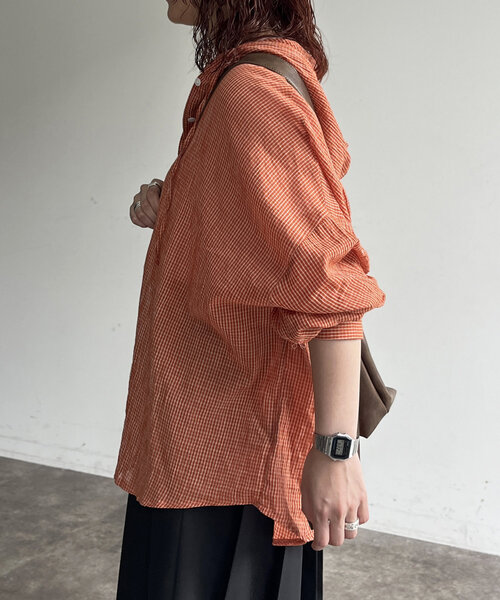 CPCM（シーピーシーエム）の「フード付チェックシャツ（シャツ/ブラウス・レディース・ネイビー/オレンジ/ブルー・FREE）」の8枚目の写真