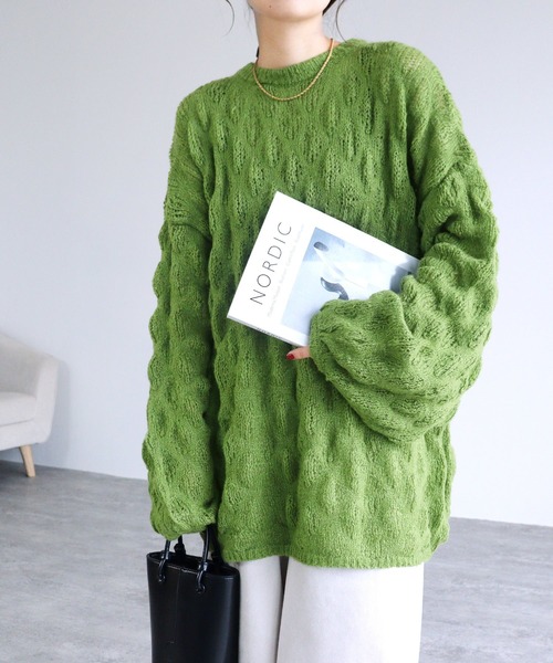 reca(レカ)の「モヘアタッチもこもこ編みシアープルオーバー(ニット/セーター・レディース・チャコールグレー/グリーン/キナリ・FREE)」の7枚目の写真