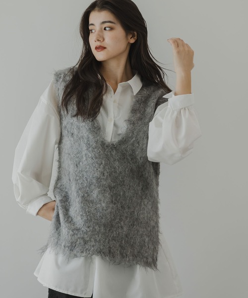 rectangle（レクタングル）の「ミックスカラーシャギーVネックベスト（ベスト・レディース・グリーン系/オレンジ系/グレー系・FREE）」の6枚目の写真