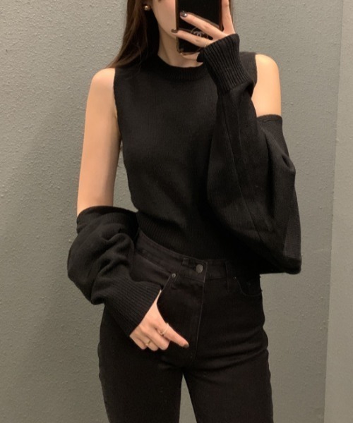 FREE STYLISTS(フリー スタイリスト)の「YUGA_YGMC ノースリーブインナー+ ボレロ ニットトップス(ニット/セーター・レディース・ブラック/オフホワイト/ライトグレー・FREE)」の7枚目の写真