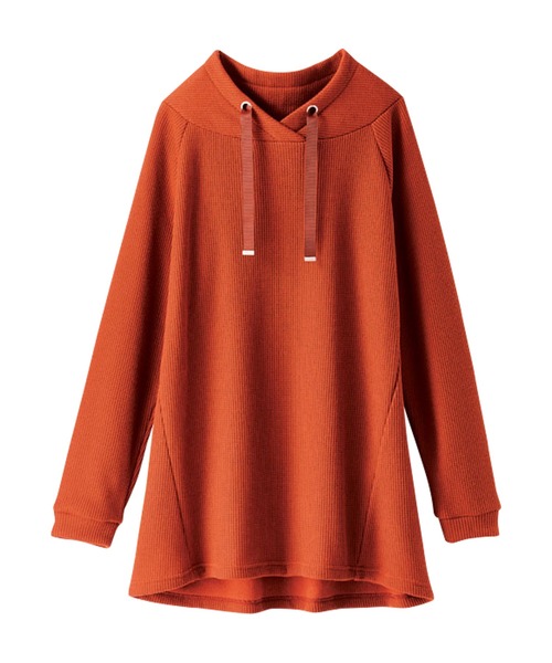 BELLUNA PLUS(ベルーナ)の「あぜ調裏起毛素材ワイドネックチュニック(チュニック・レディース・ターコイズブルー/チャコール/オレンジ/グレイッシュベージュ・X-LARGE/LARGE/MEDIUM)」の9枚目の写真
